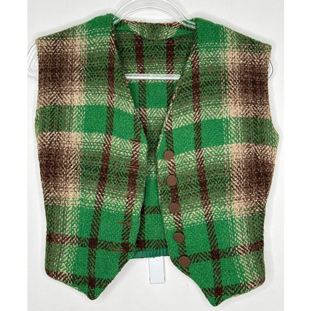 1970s Handmade Green Brown Plaid Skirt & Vest Set XXS - Picture 5 of 14